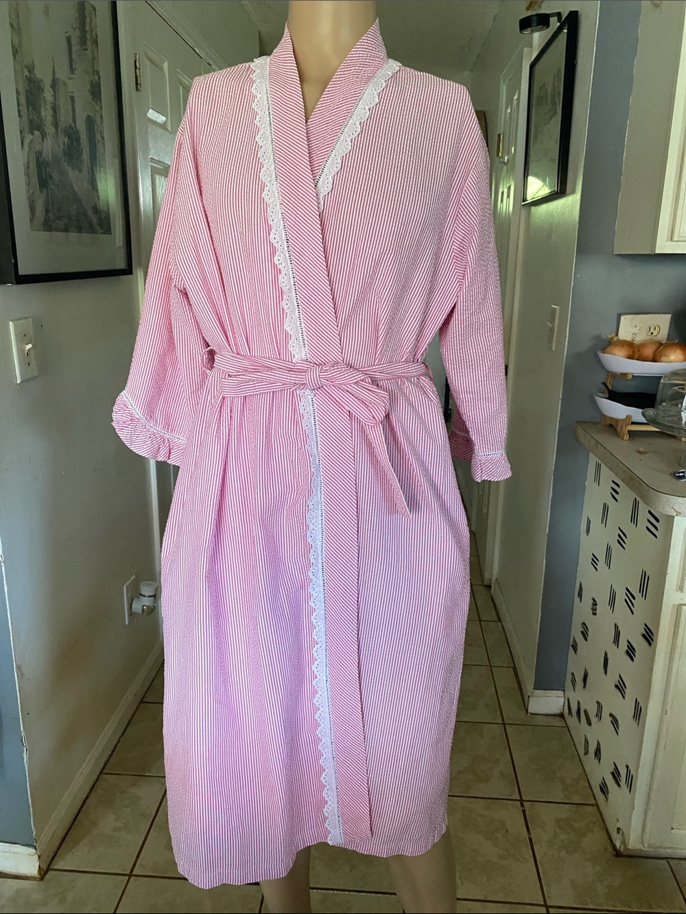 Eileen West Pink Striped Seersucker Robe with Lace Trim